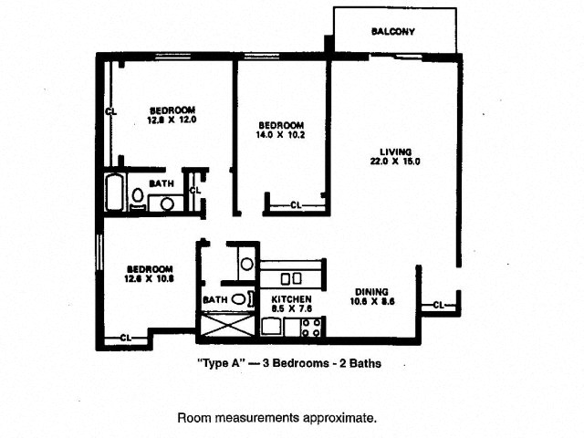Floor plan for 3 beds, 2 baths, 1215 sqft